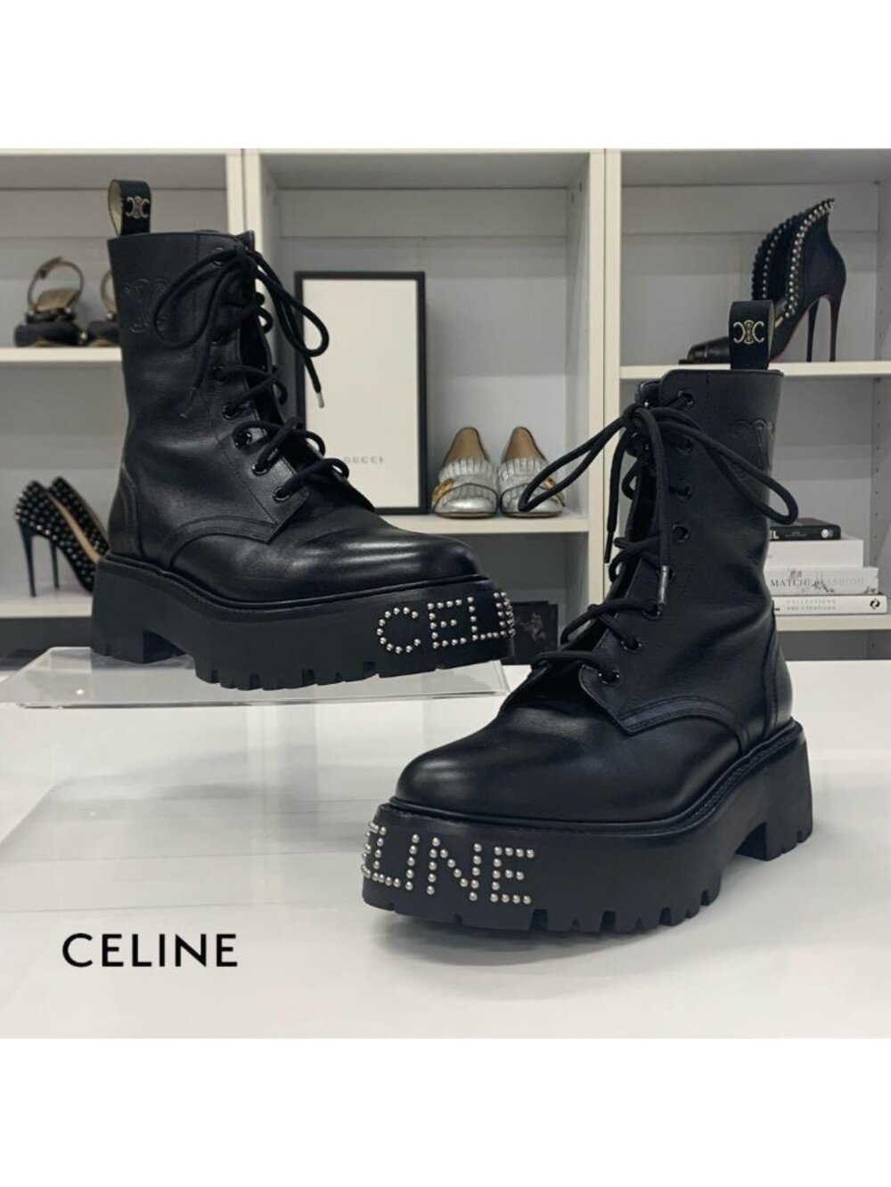 Celine Logo Triomphe Leather Studded Lace-up Short Boots
